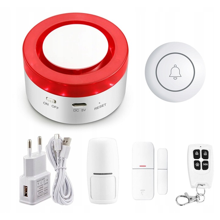 Set alarma Tuya Mini, wireless Wi-Fi, compatibil Tuya/Google Home/Alexa, cu sirena centrala, senzor miscare PIR si senzor deschidere, telecomanda si sonerie, alb/rosu, 1 set