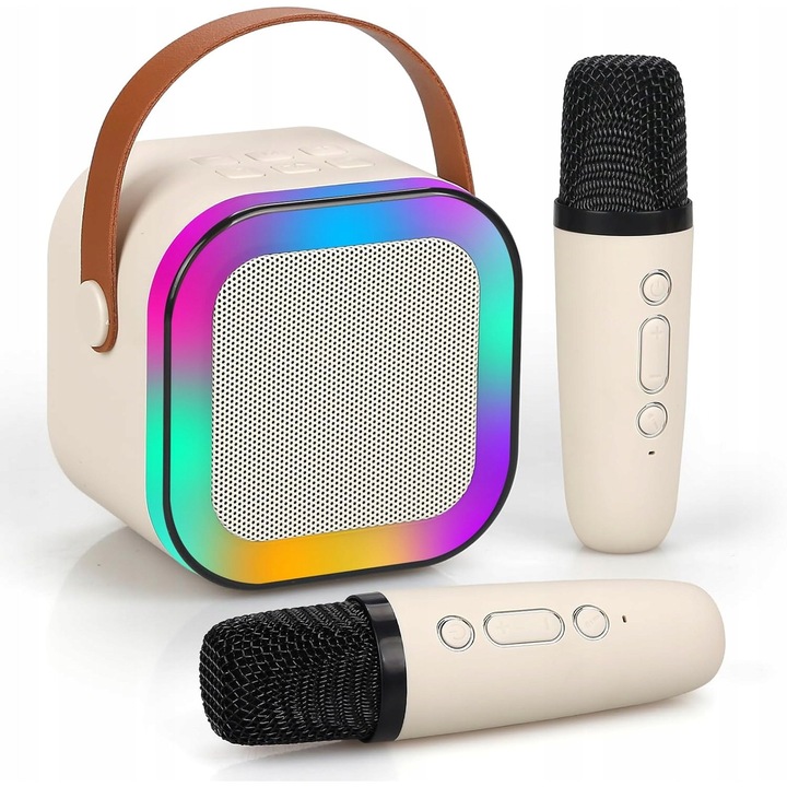 DDOO karaoke szett, 2 vezeték nélküli mikrofon, Bluetooth hangszóró, rózsaszín-bézs, 88x68x90mm