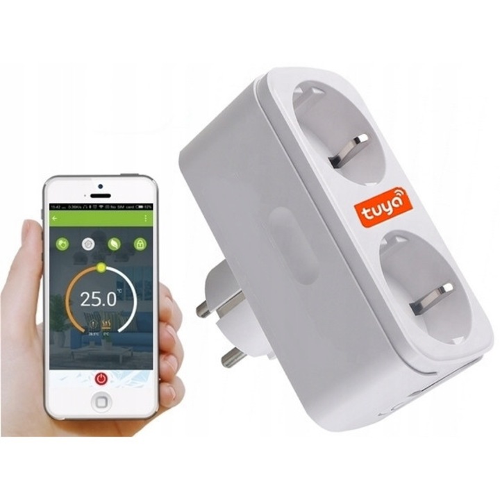 Двоен WiFi контакт с измерване на консумацията TUYA Smart, 16A, бял, 8.4x11.4x5 см