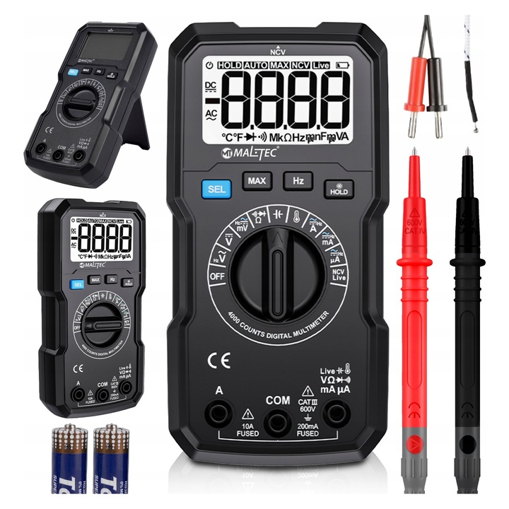 Multimetru digital Maltec MasterMultimeter, tester multifunctional cu detectie NCV si masurare temperatura, ecran LCD retroiluminat, Negru, 1 buc