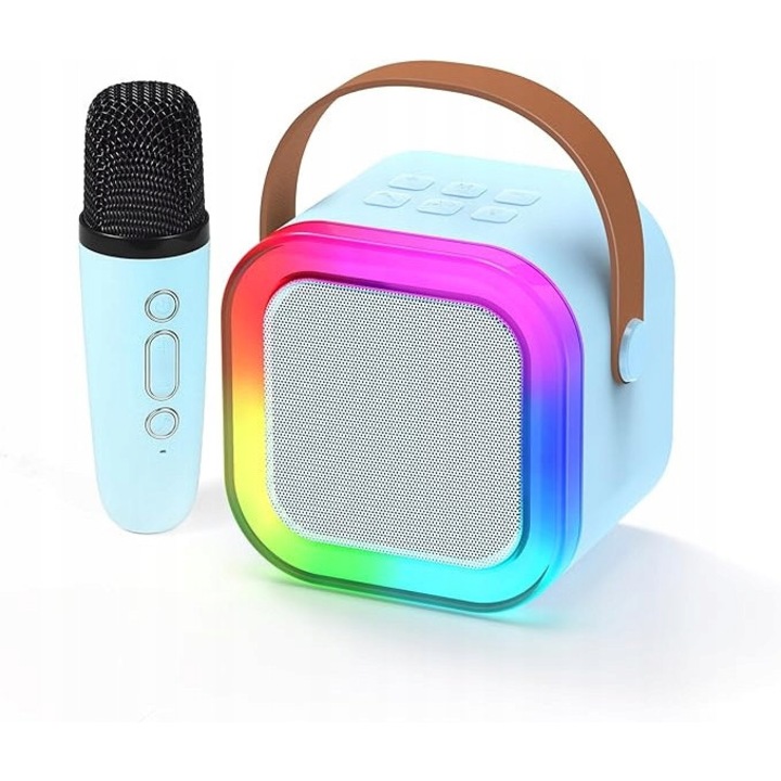 Преносим караоке комплект, Bluetooth колонка с RGB 10W, 2 безжични микрофона, слот microSD/TF и AUX, батерия 1200mAh, син