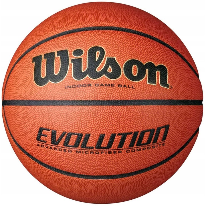 Баскетболна топка Wilson Evolution, композитна микрофибърна кожа, за закрито, дълбоки канали и система за отвеждане на влагата, оранжева, размер 7, 1 бр