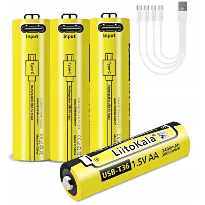 Baterie reincarcabila / acumulator Liitokala T36, AA 1.5V, 2400mAh 3600mWh, incarcare USB-C, timp incarcare ~1h, Galben, 4 buc