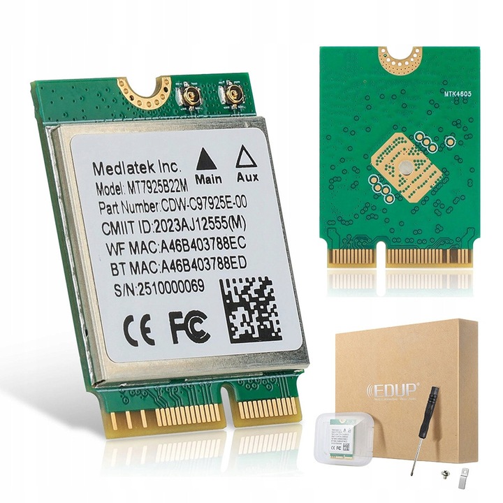 Placa de retea wireless MediaTek MT7925, modul M.2 Key E, Wi-Fi 7 (802.11be) tri-band 2.4/5/6 GHz pana la 6.5 Gb/s, Bluetooth 5.4, Verde, 1 buc (22x30 mm)