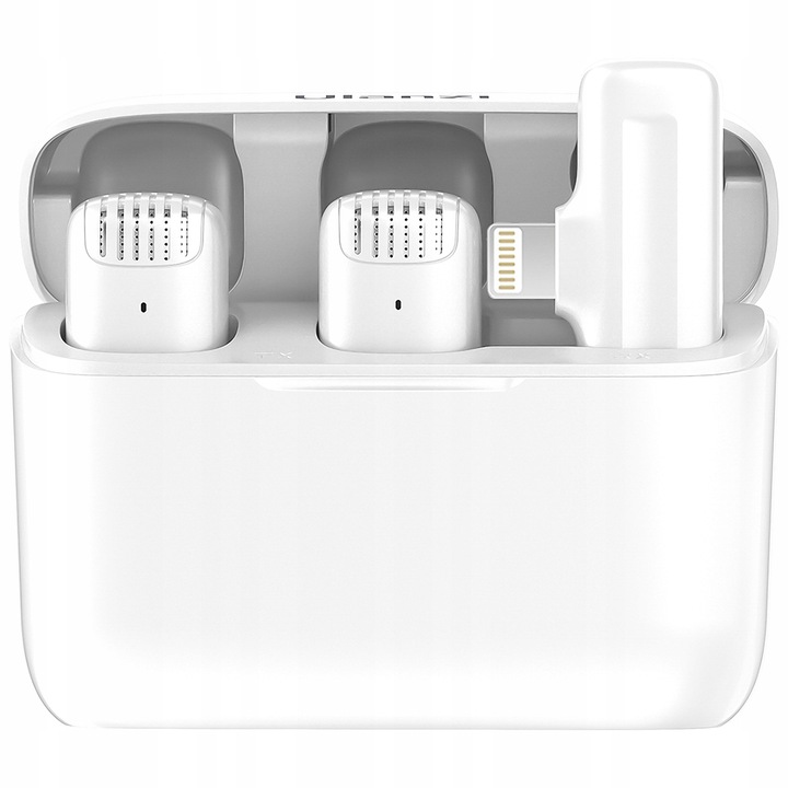 Set microfon lavaliera wireless Ulanzi J12 Lightning, 2 transmitatoare + 1 receptor, compatibil Lightning pentru iPhone/iPad, carcasa incarcator, Alb, 1 set