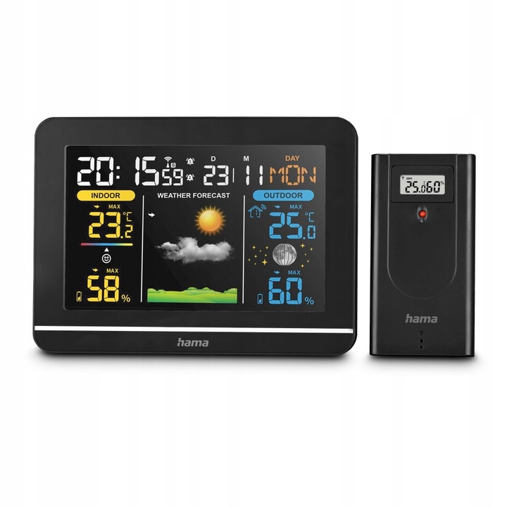 Statie meteo Hama Uznam, ecran color cu 3 niveluri de luminozitate, masurare temperatura si umiditate interior/exterior, compatibila cu pana la 3 senzori externi, alerta inghet, Negru