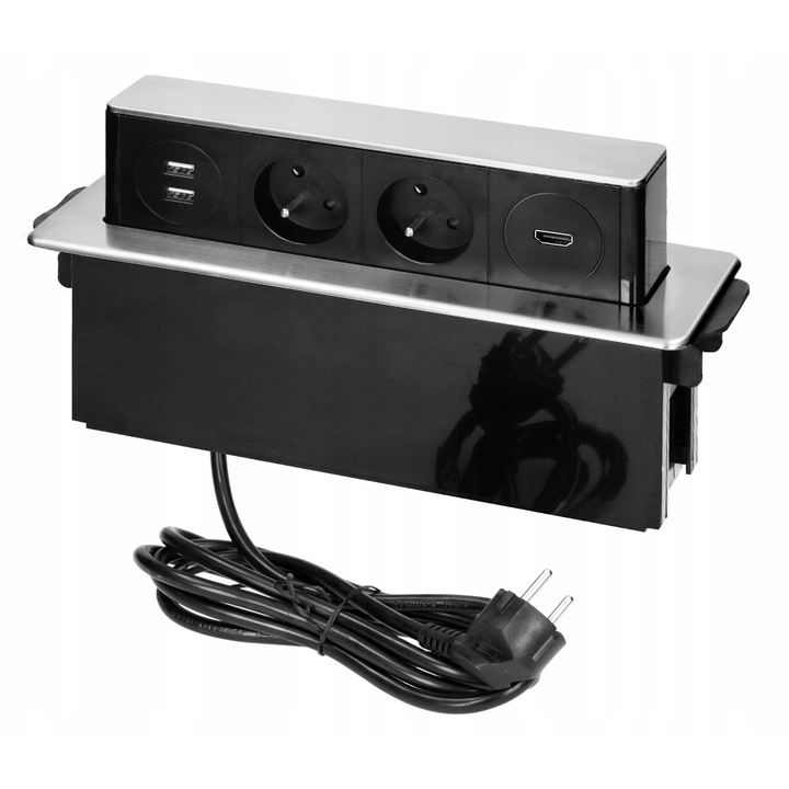 Вграден контакт Orno 2x230V USB HDMI черно-сребрист 27x9x10см
