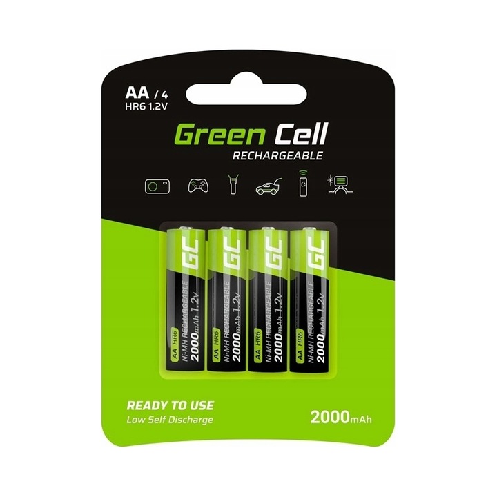 Acumulator/baterie Green Cell Ni-MH AA 2000 mAh, reincarcabil, preincarcat, negru/verde, 4 buc