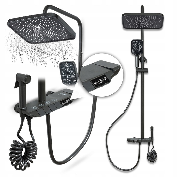 Heckermann LS06 zuhanykészlet, termosztatikus csaptelep, XXL 31 cm-es zuhanyfej, állítható 10,5 cm-es fogantyú 3 fokozattal, digitális hőmérséklet kijelző, vízesés típusú kifolyó, rugalmas spiráltömlő, rozsdamentes acél, fekete, 1 db