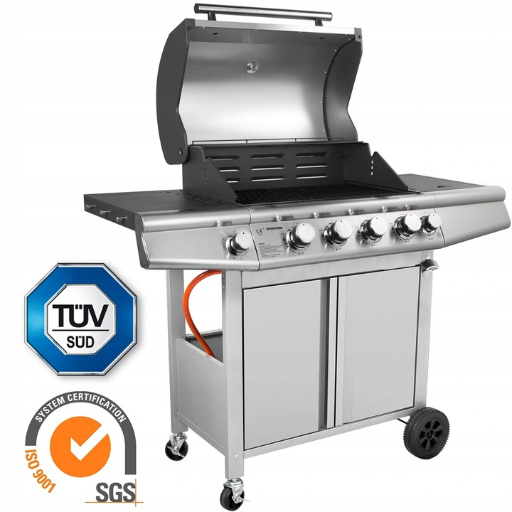 Grill gazos de gradina Heckermann 4+1 arzatoare, fonta, inox, 125x58x115cm
