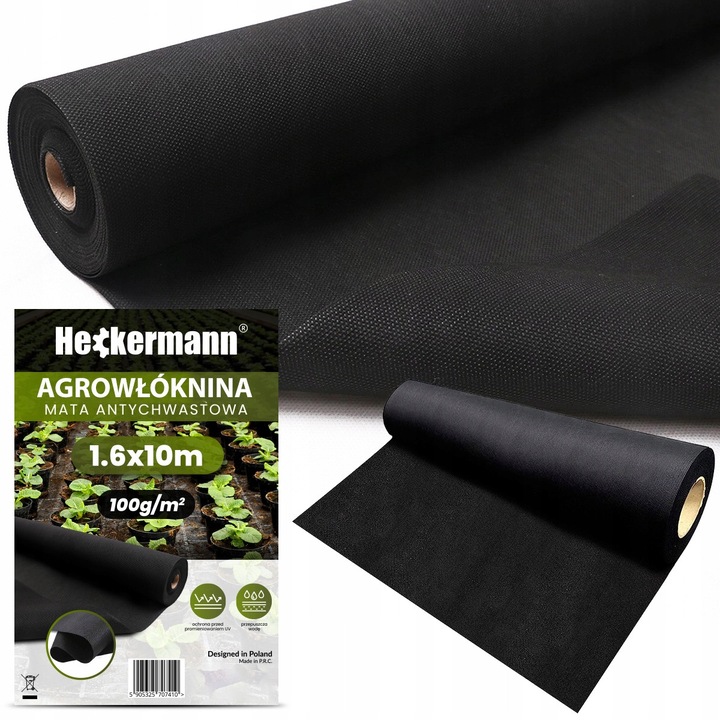 Agroszövet Heckermann Premium, gyomirtó takaró, UV-álló, 100g/m2 súlyú, Fekete, 1,6x10m