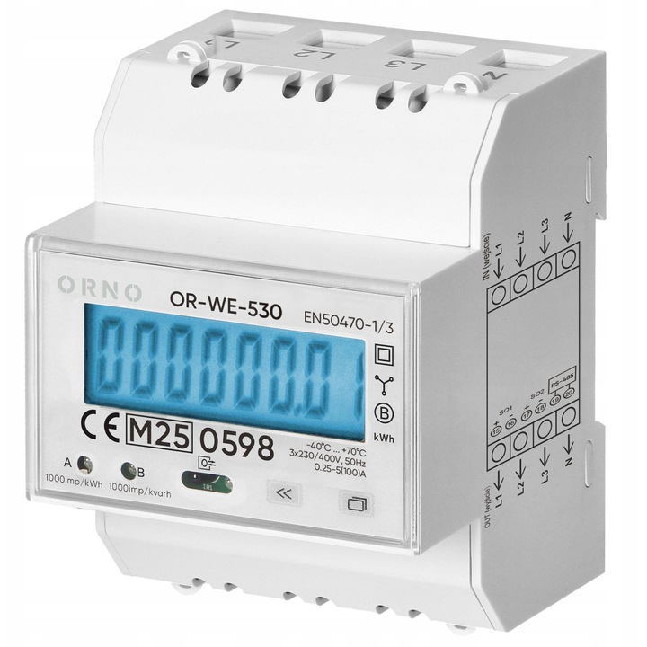 Трифазен електромер Orno OR-WE-530, kWh електромер с директно измерване 3x230/400V 100A, многотарифен, двупосочен, RS-485 Modbus, импулсен изход S0, бял, 4 DIN модула