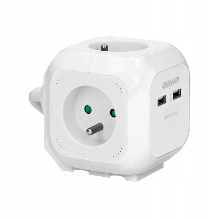 Prelungitor/multipriza Orno OR-AE-13144/W, 4 prize 230V cu impamantare, 2 porturi USB 5V/2,1A, sistem montaj pe perete/blat, Alb, 1,4 m