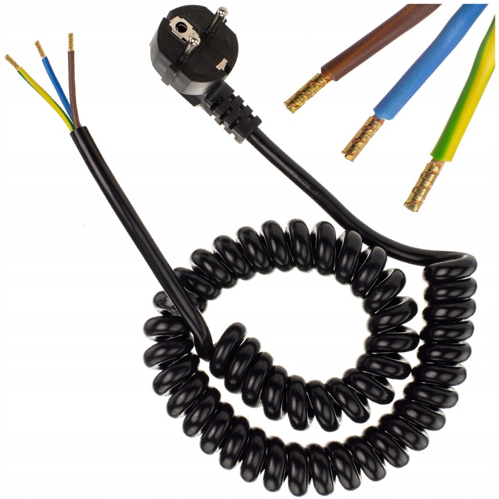 Cablu spiralat de alimentare OMY 3x1,5 mm², cu mufa unghiulara turnata cu impamantare, extensibil 38–220 cm (2,2 m), fire terminate cu tulei, Negru