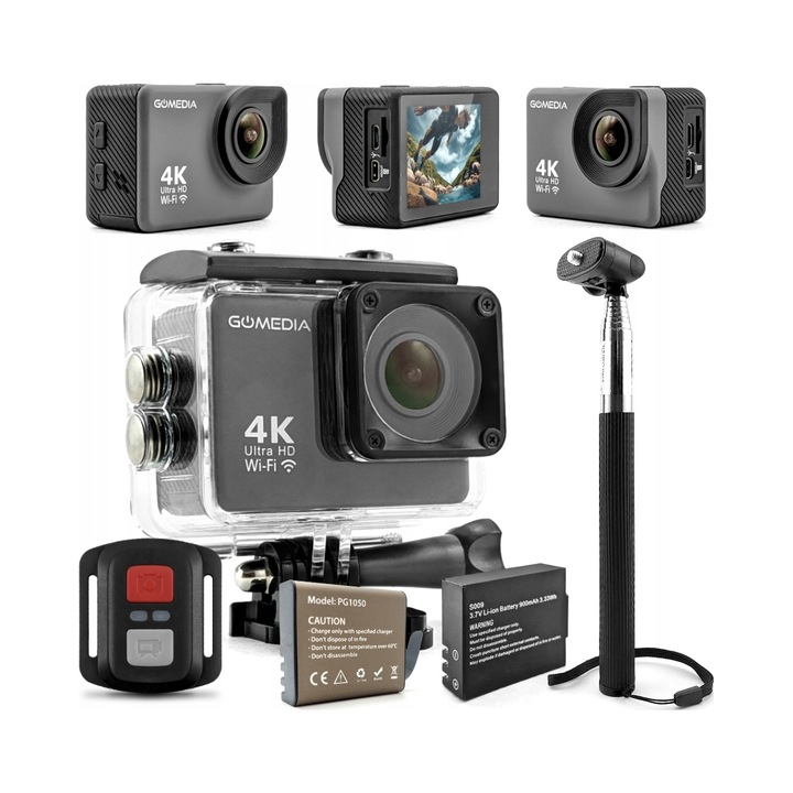 Camera sport GOMEDIA V-30, 4K Ultra HD 30 fps, 20 MP senzor Sony IMX386, Wi-Fi, carcasa etansa 30 m, 2 baterii 950/1050 mAh, telecomanda, monopod, Gri