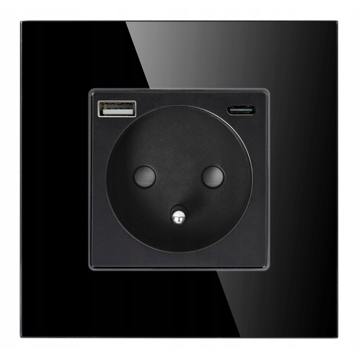 Вграден контакт Orno единичен 230V с USB-A и USB-C порт, преден панел от стъкло, Черен
