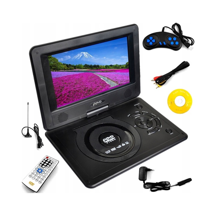 Преносим DVD плейър GOMEDIA 980 9.8C, 9.8" LED въртящ се екран на 270°, 300 вградени игри, USB/SD, включен джойстик, батерия 2-3ч, Черен