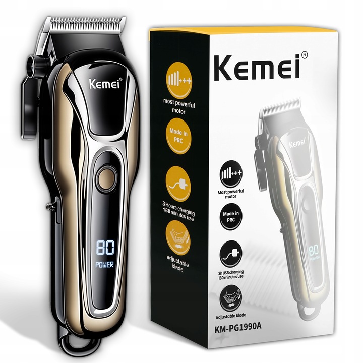 Kemei KM-1990 hajvágó, vezeték nélküli, LCD, USB, fekete, 13mm