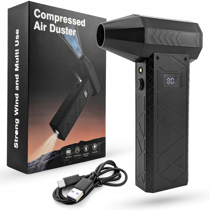 Въздушен прахочистител/въздушна духалка GOMEDIA FB02, батерия 10000 mAh, 3 степени на скорост, дебит на въздуха до 52 м/с, USB-C, LED, Черен, 1 бр