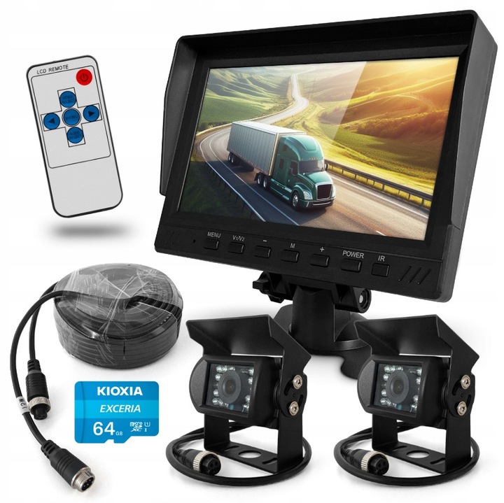 GOMEDIA 7" AHD tolatókamera készlet monitorral és felvevővel, 2x Full HD 1080p kamera, 15m kábel, 64GB SD kártya mellékelve, IR éjjellátó, IP67, Fekete, Szett