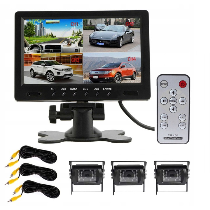Комплект монитор Gomedia 9'' LCD с 3 камери за задно виждане, 4 видео входа, IR 18 LED, IP68, 12/24V, Черен, монитор + 3 камери