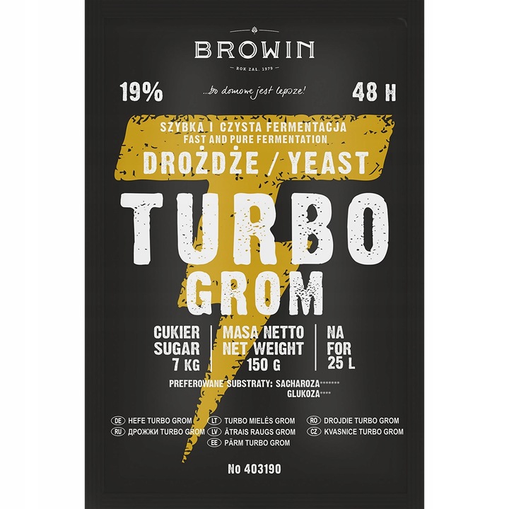Browin Turbo Grom turbó élesztő, gyors erjesztés 48 óra alatt, akár 19% alkohol, Fekete, 10 x 150 g