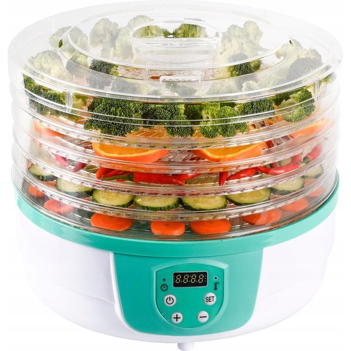 Uscator / deshidrator de fructe si legume Cook Line 5 niveluri, afisaj digital, reglare temperatura 35-70°C, alb/turcoaz, 250W