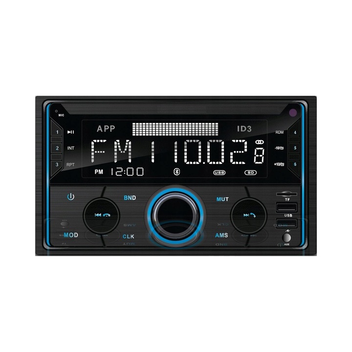 Autórádió Kopier 2-DIN Bluetooth, 2x USB, SD, MP3, RDS, LCD, AUX, távirányító, mikrofon, RGB 7 színű világítás, 4x55W, fekete, 1 db