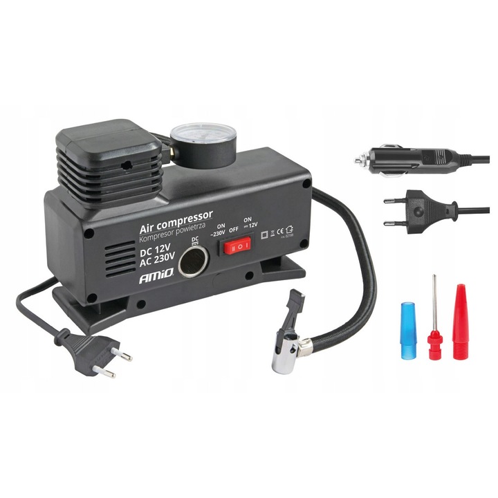 Compresor auto (pompa aer) Amio 12V/230V, presiune maxima 250 PSI/18 bar, cu manometru integrat si 3 adaptoare, Negru, 1,65 kg