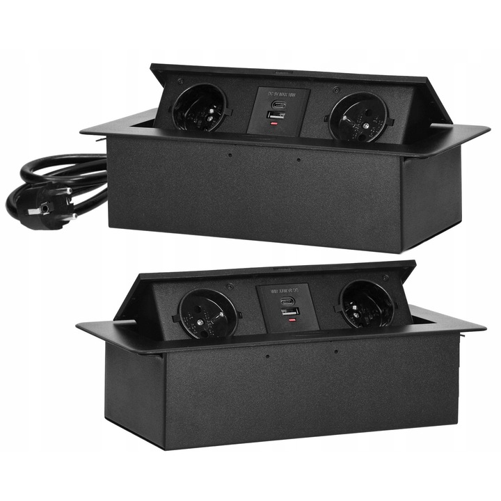 Вграден контакт Orno OR-GM-9035/B, 2 контакта тип E, 2 USB A+C, черен, 13.2x26.5x6.75cm, кабел 1.5m