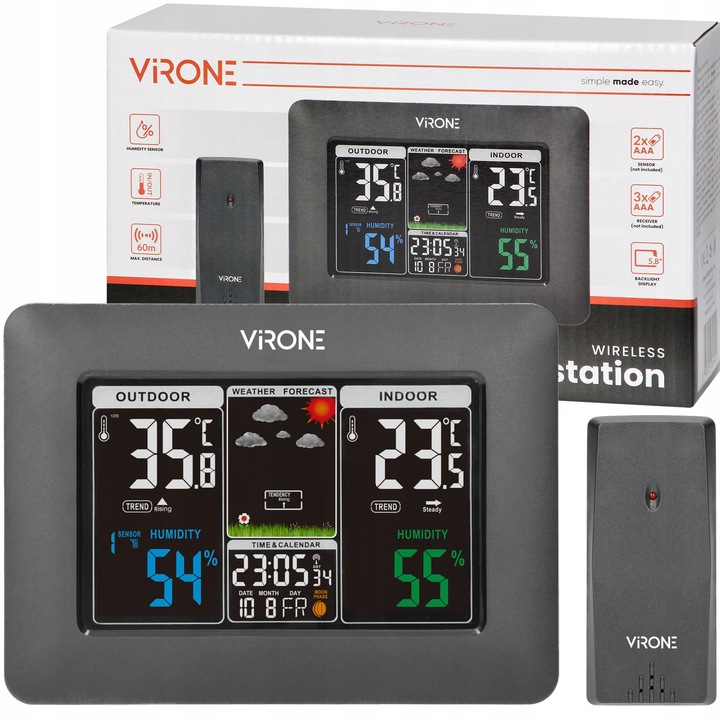 Statie meteo Virone WS-1/B, wireless, masurare temperatura si umiditate interior/exterior, prognoza meteo si faza lunii, afisaj backlight, extensibila cu pana la 2 senzori suplimentari, raza 60 m, negru, 1 set