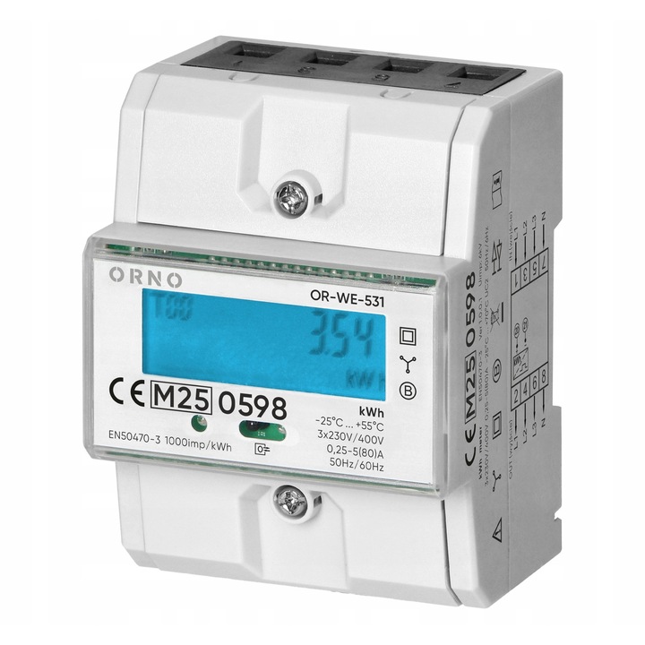 Електромер Orno OR-WE-531, трифазен 80A, MID легализиран, директно измерване, монтаж на DIN шина 3 модула, осветен LCD, бял, 1 бр