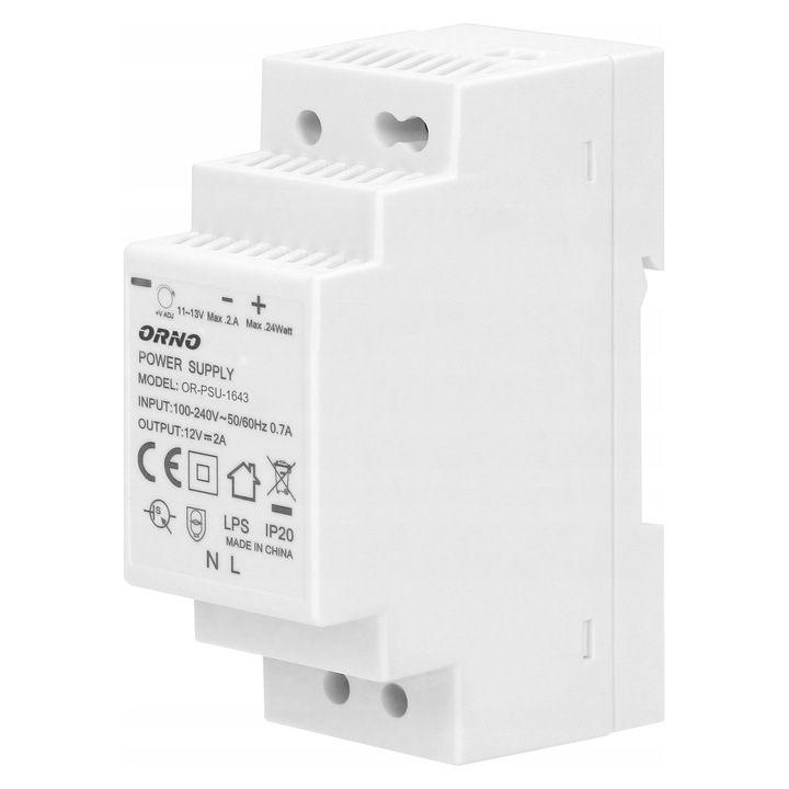 Orno OR-PSU-1643 DIN sínre szerelhető tápegység, 12V DC 2A 24W, szabályozható, rövidzárlat és túlterhelés elleni védelemmel, Fehér, 2 modul