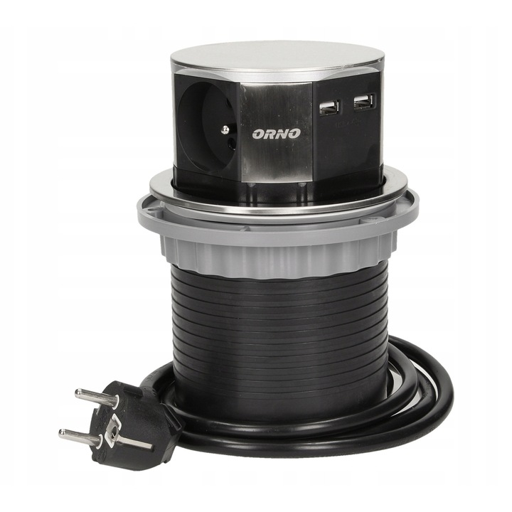 Вграден контакт Orno 4x250V със зарядно USB, инокс, 11,5x15,9см, 1,5м кабел