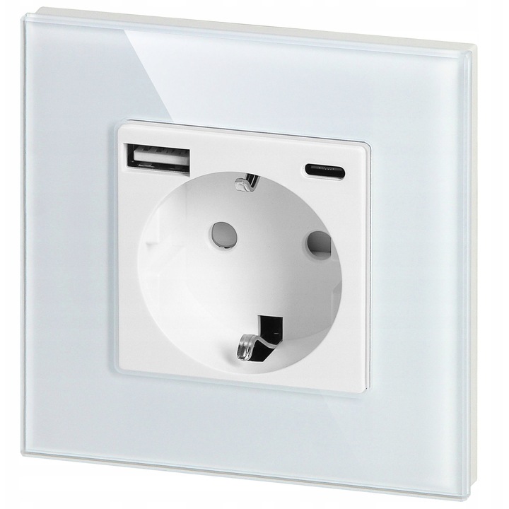 Контакт Orno за вграден монтаж, Schuko 230V с USB и USB-C порт, стъклен панел, бял