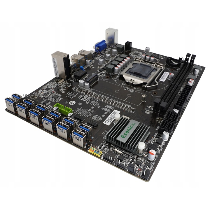 Esonic B250BA1 (B250 BTC Gladiator) alaplap bányászathoz, LGA 1151, 12x PCIe riserhez, DDR4 akár 32GB-ig, Fekete, ATX