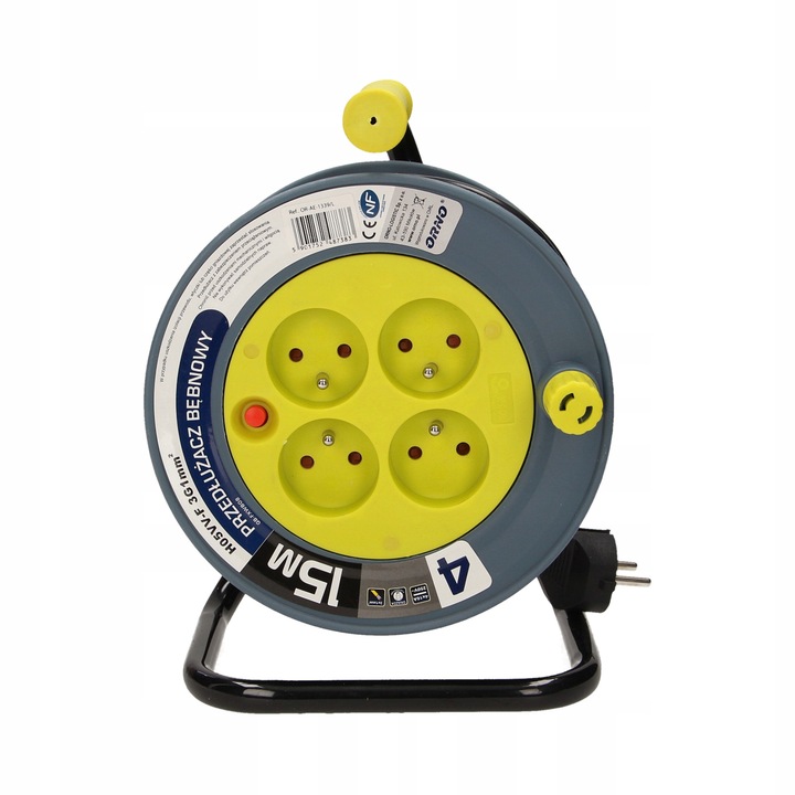 Prelungitor pe tambur Orno MINI OR-AE-1339/L, 4 prize 2P+Z, cablu H05VV-F 3x1mm², suport metalic, intrerupator termic, galben-lamaie, 15m