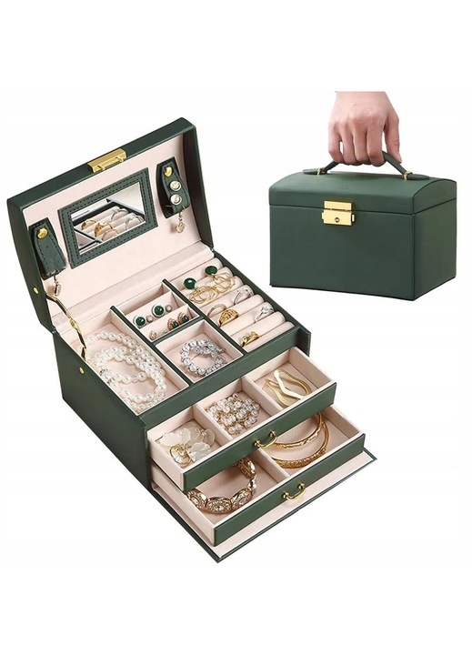 Cutie pentru bijuterii din velur, organizer mare cu oglinda si sertare detasabile, inchidere cu cheie, verde, 17.5x13x14 cm