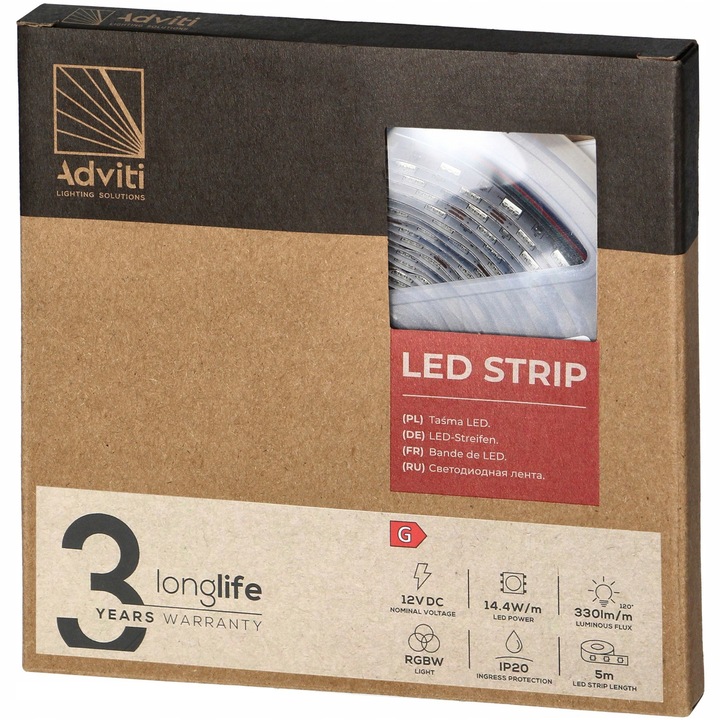 LED лента Adviti AD-TL-6493LRGBW, чипсет Samsung SMD 5050, RGBW 60 LED/m 14,4W/m, многоцветна, 5 м