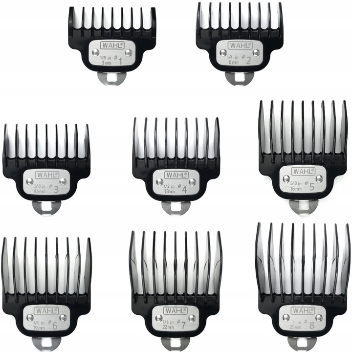 Комплект гребени Wahl T-blade, съвместими с T-blade ножчета, за тяло, коса и брада, черен, 8 части (3/6/9.5/13/16/19/22/25 мм)