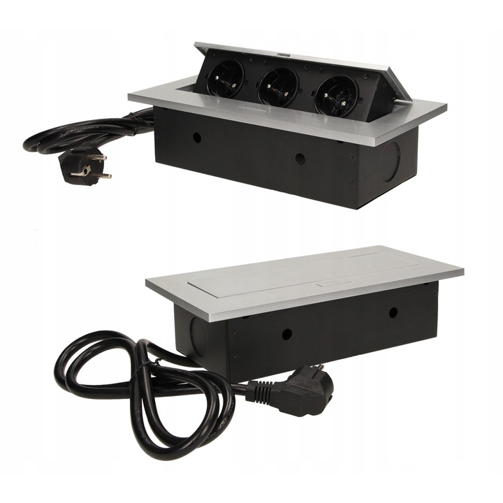 Вграден контакт за плот Orno, 3x 2P+Z (230V), със защитни капаци, кабел 1,5 м 3x1,5mm², Сребрист, 223x108x65 мм