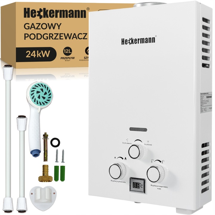Incalzitor de apa pe gaz Heckermann JSD-HB04, 24 kW, 12 l/min, cu afisaj digital, pe gaz lichefiat, Alb