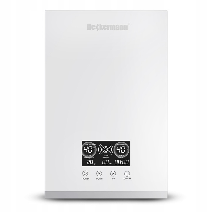 Heckermann elektromos átfolyós vízmelegítő, 8,5 kW (8500 W), 230V, zuhanyfejjel együtt, Fehér