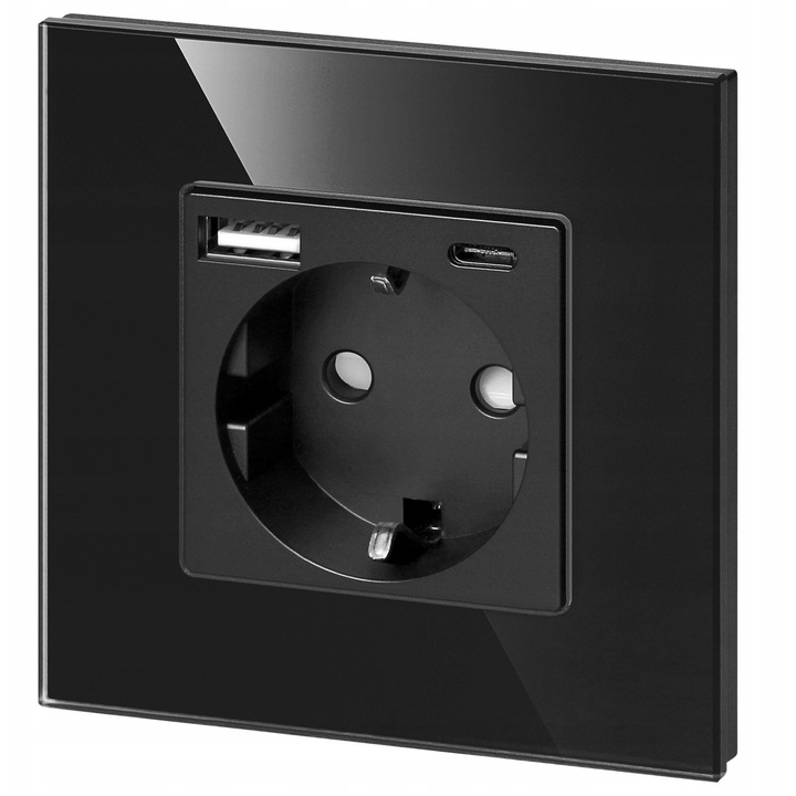 Вграден контакт Orno, Schuko 230V с USB-A и USB-C, стъклен панел, черен