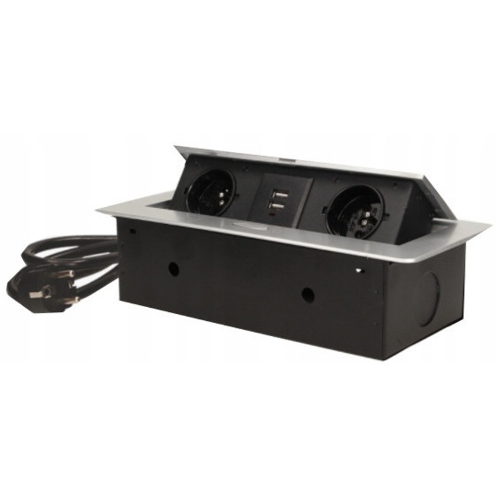 Вграден контакт Orno OR-AE-13126, 2 контакта 230V, 2 USB, сребрист, 265x130x67mm