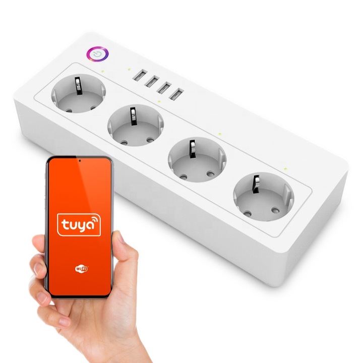 Prelungitor inteligent GOMEDIA Tuya, cu masurare a consumului si control wi-fi, 4 prize schuko, 4 porturi usb 5V/3.1A, protectie la supratensiune, alb, 1 buc