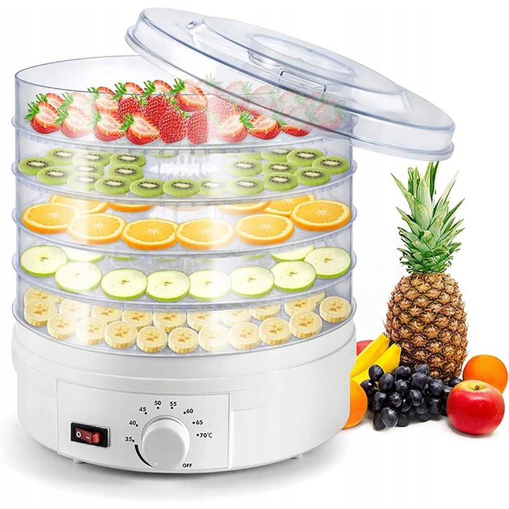 Deshidrator alimentar, uscator de fructe si legume 500W, 5 tavi, reglaj temperatura 8 trepte 35-70°C, modular, BPA free, Alb, 9 l