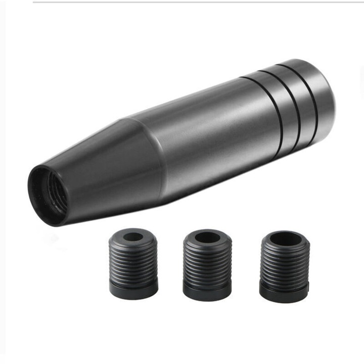 Maneta schimbator viteze auto, buton schimbator universal din aluminiu, maner lung, include 3 adaptoare filet M8/M10/M12, Negru, 1 buc