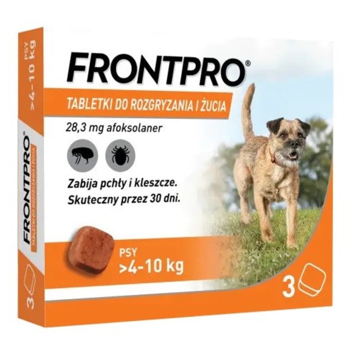 Tablete FrontPro 28,3 mg afoksolaner, antiparazitar pentru purici si capuse, pentru caini 4–10 kg, 3 tablete