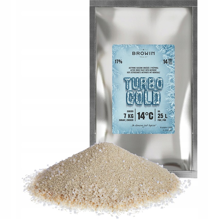 Browin Turbo Cold 403403 desztilláló élesztő, aktív száraz élesztő tápanyagokkal, 14°C-os erjesztéshez, akár 17% alkoholhoz, 25 L-hez, 10 x 120g